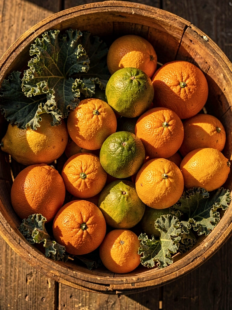 Cesto de citrinos e couves sazonais